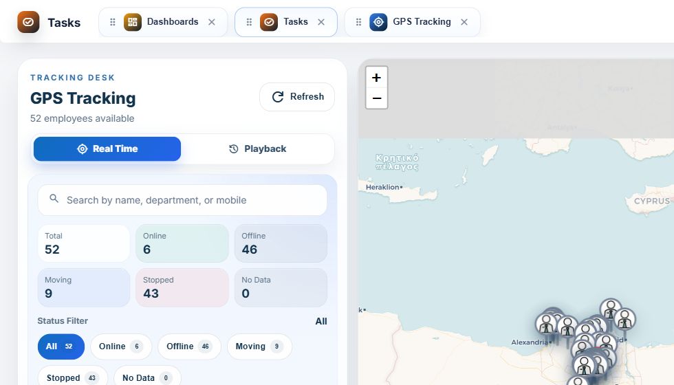 AgentLink GPS tracking dashboard with map and fleet status
