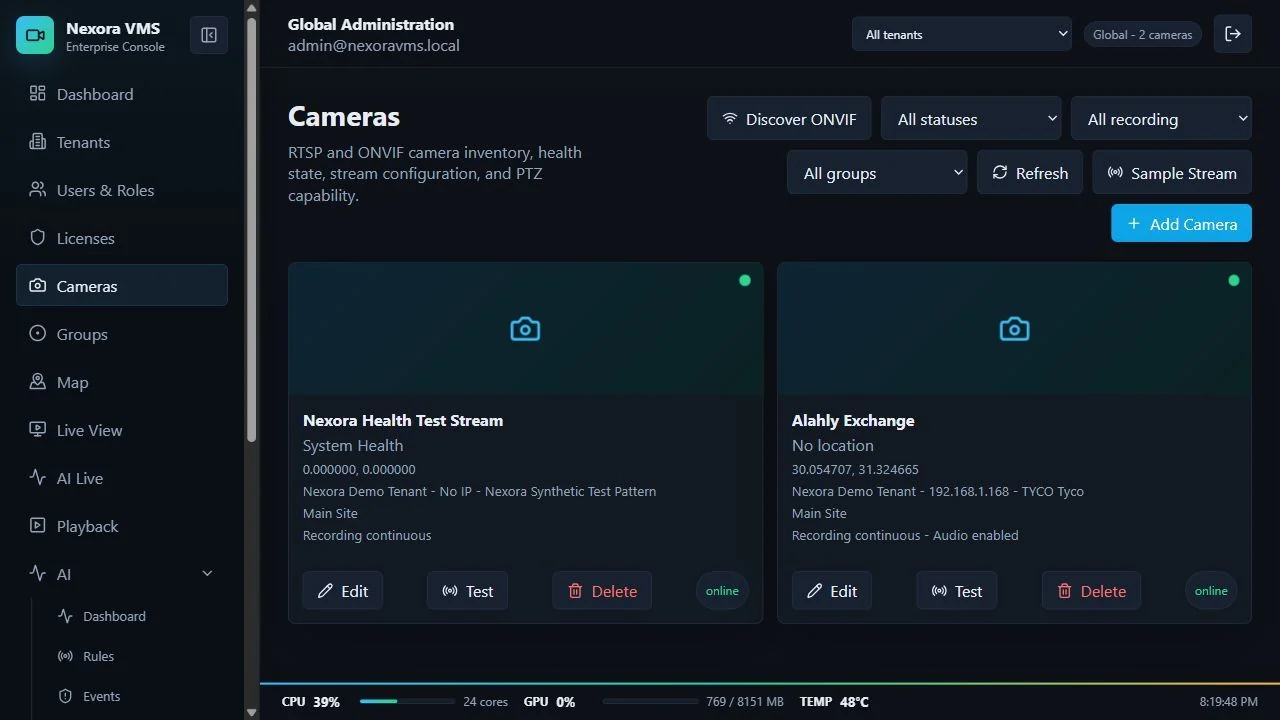Nexora VMS camera inventory workspace