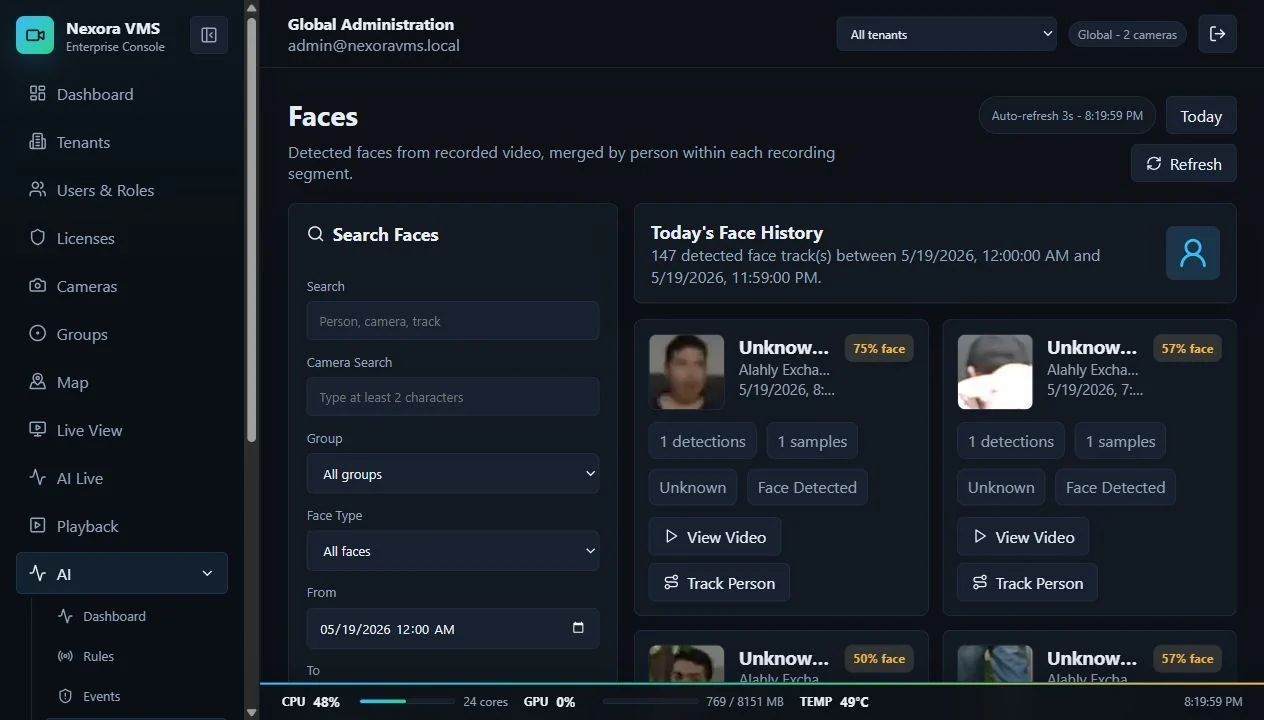 Nexora VMS face search review screen