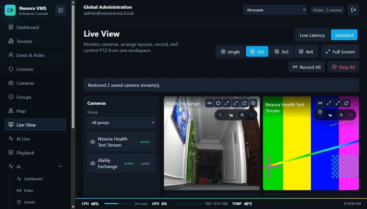 Nexora VMS live monitoring workspace