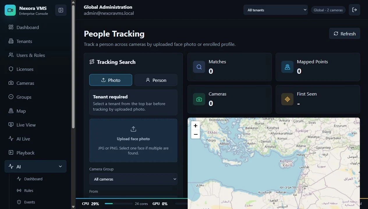 Nexora VMS people tracking map and sighting workflow