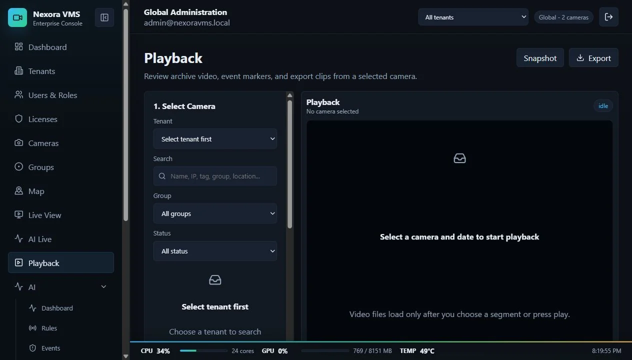 Nexora VMS playback and evidence workspace