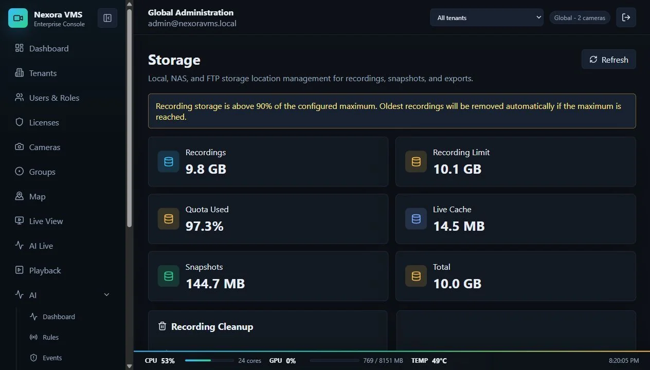 Nexora VMS storage and retention workspace